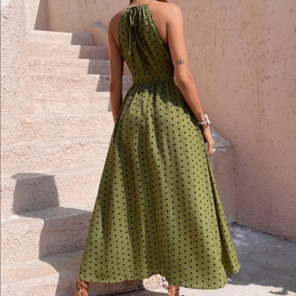 Boho Polka Dot Halter Maxi Dress Brown - Picture 4 of 13